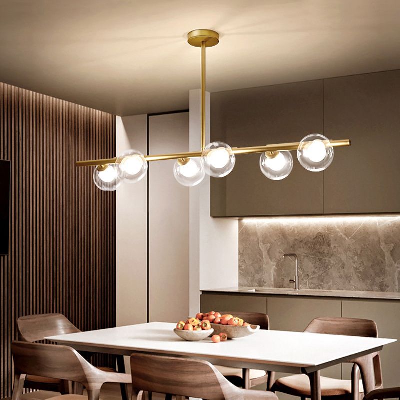 Linear Island Light Fixture Nordic Metal 6 Heads Gold Hanging Lamp with Globe Clear Glass Shade