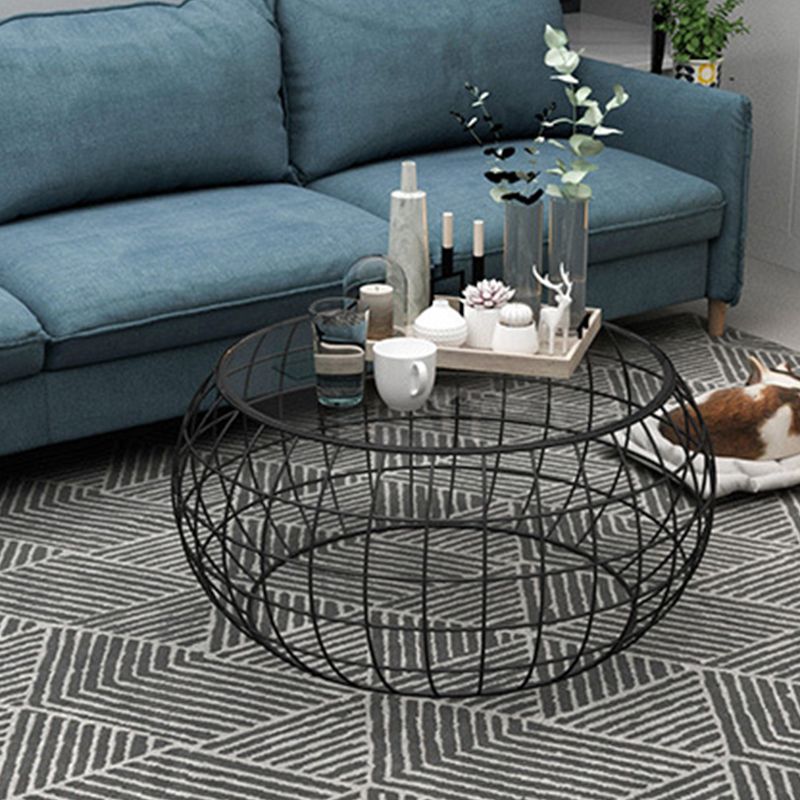 Contemporary Round Glass Top Cocktail Table with Frame Base in Iron