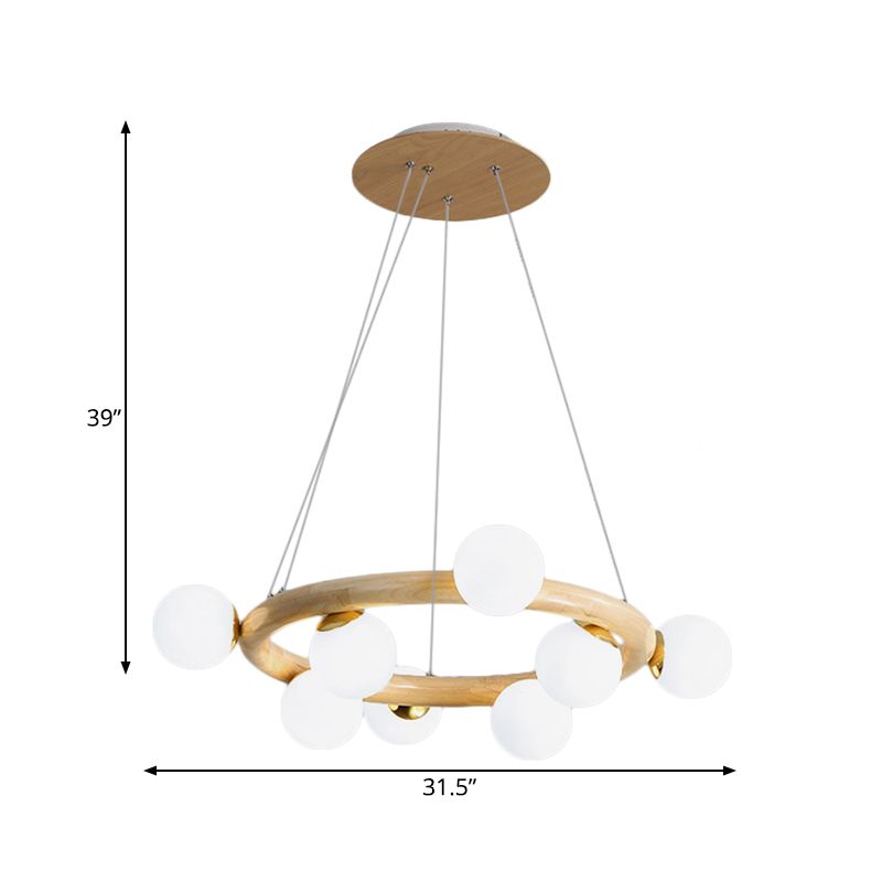 Orbs Opal Matte Glass Chandelier Nordic 8 Bulbs Beige Ceiling Pendant Light with Wood Circle Arm