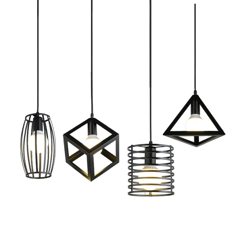 Industrial Cage Pendant Lighting 1-Light Metal Drop Lamp in Black for Restaurant