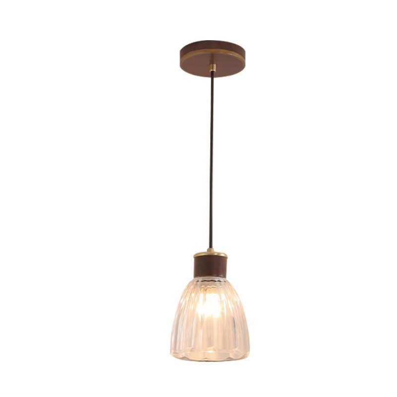 1-Light Dining Room Hanging Pendant Simple Brown Ceiling Light with Bell Clear Glass Shade