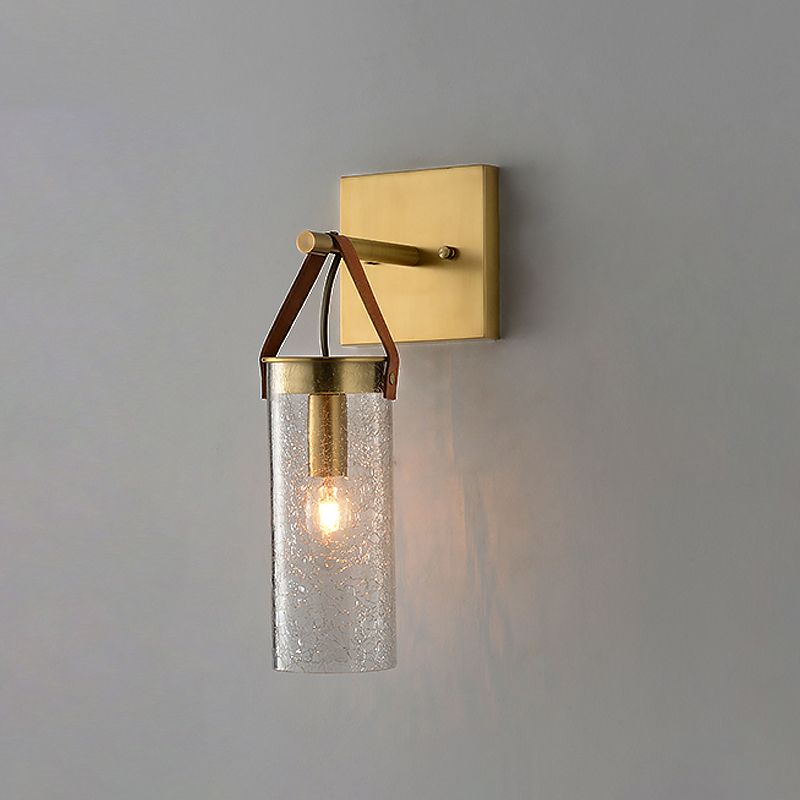 Postmodern Cylindrical Sconce Ideas Clear Crack Glass 1 Head Dining Room Wall Mounted Lamp in Brass with Leather Strap