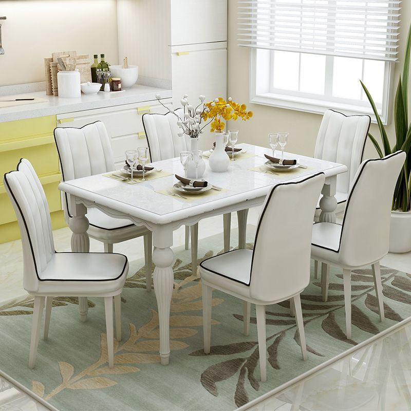 Modern White Rectangular Glass Top Dining Table with Solid Wood Legs