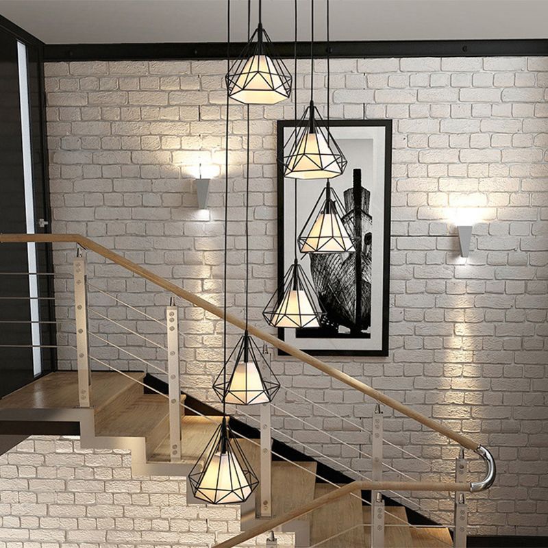 Simplicity Diamond Cage Hanging Light Metallic Staircase Multi Light Pendant with Inner Cone Shade in Black