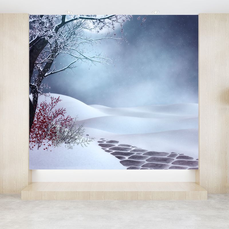 Extra Large Flowers Scene Mural Blue Non-Woven Wall Art for Indoor Decor, Custom Printed