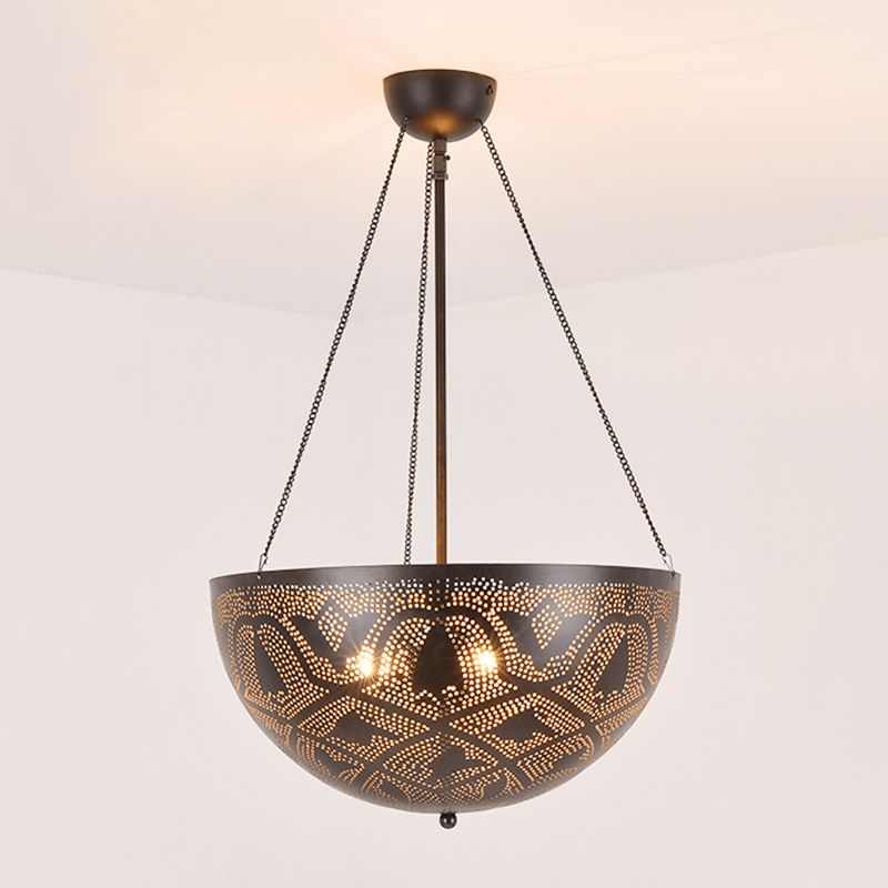 Bowl Restaurant Chandelier Vintage Metal 3-Light Black Hanging Ceiling Lamp with Hollow-Out Spot/Circle/Flower Pattern