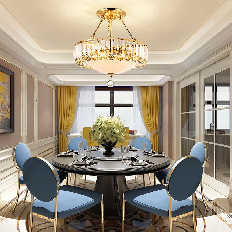 Drum Semi Mount Lighting Vintage Metal and Clear Crystal Ceiling Lighting with Milk Glass Diffuser in Gold