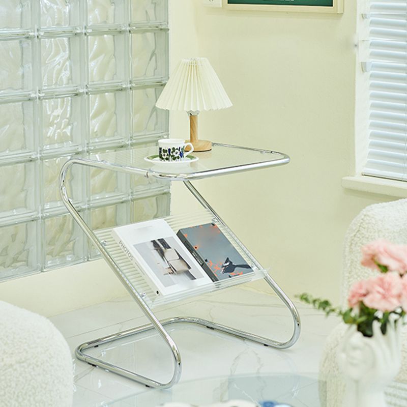 Modern Glass Top Side Table Metal Abstract Base End Table with Magazine Holder