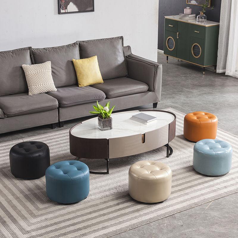 Modern Pouf Ottoman Faux Leather Upholstered Tufted Solid Color Cylinder Shape Ottoman