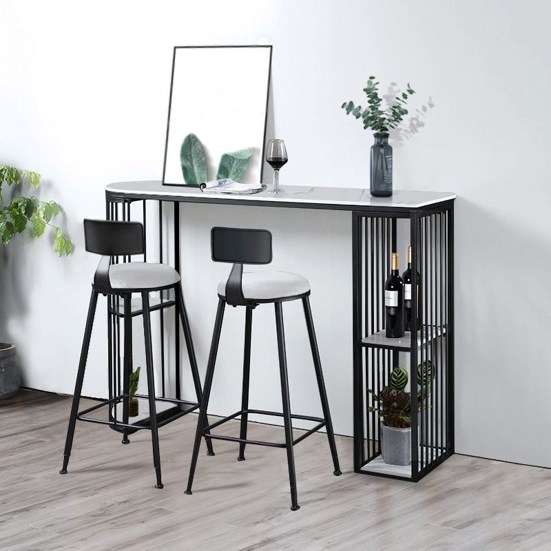 Glam White Faux Marble Pub Bar Table Iron Double Pedestal Bar Dining Table with 4-Shelf