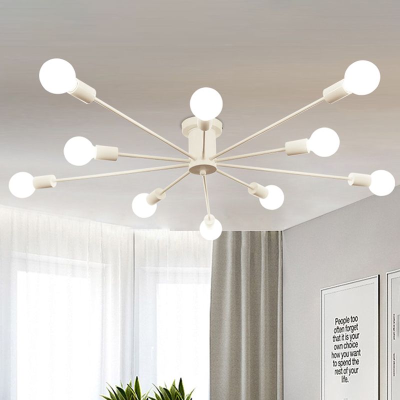 6/8 Heads Ceiling Light Fixture with Exposed Bulb Metal Retro Style Bedroom Semi Flush Mount Lighting in Black/White