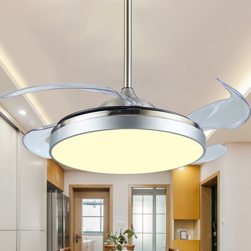 LED Circular Circular Circular LED de 42 "W Lighting en ventilador de techo acrílico en plata con 4 cuchillas transparentes, control remoto/de pared/conversión de frecuencia