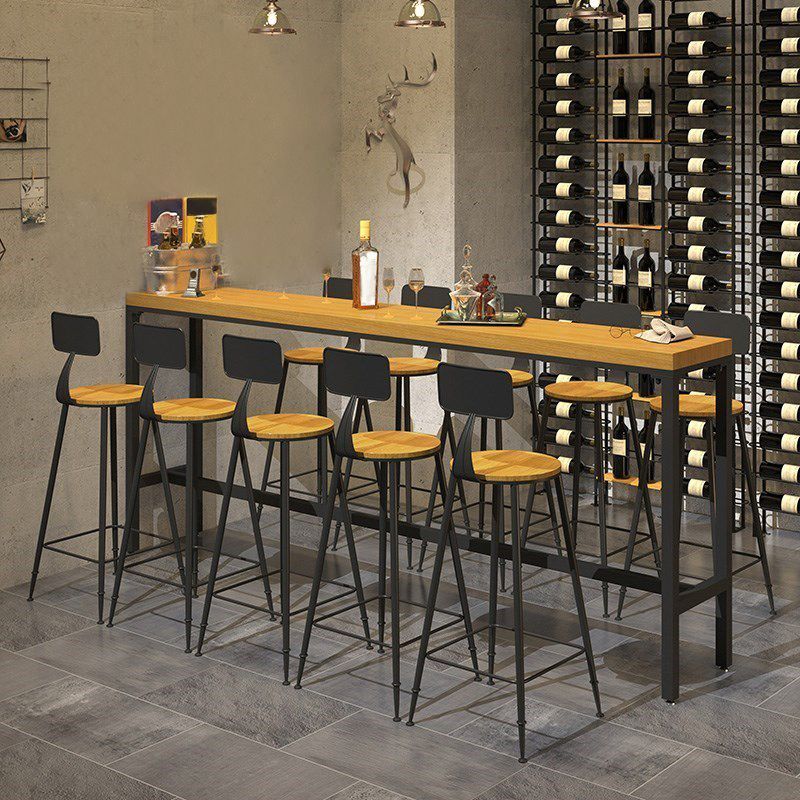 Rectangular Pine Wood Top Bistro Table Industrial Bar Table with Metal Trestle Base