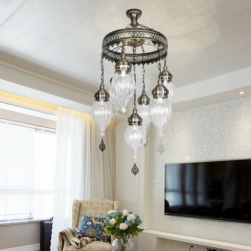 Clear Crackle Glass Chandelier Light Fixture Bohemia 7-Light Living Room Ceiling Pendant with Circular Design
