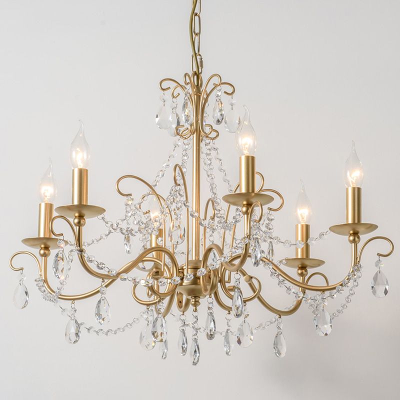 Frosted Gold French Style Chandelier Light with Candlestick Metal Multi Light Pendant with Clear Crystal