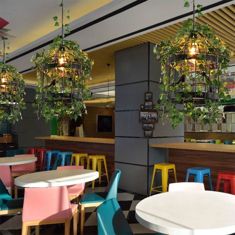 1 tête de suspension en métal lampe industrielle Black Birdcage Pending Lighting Ayémorrat avec déco de feuille pour salle à manger