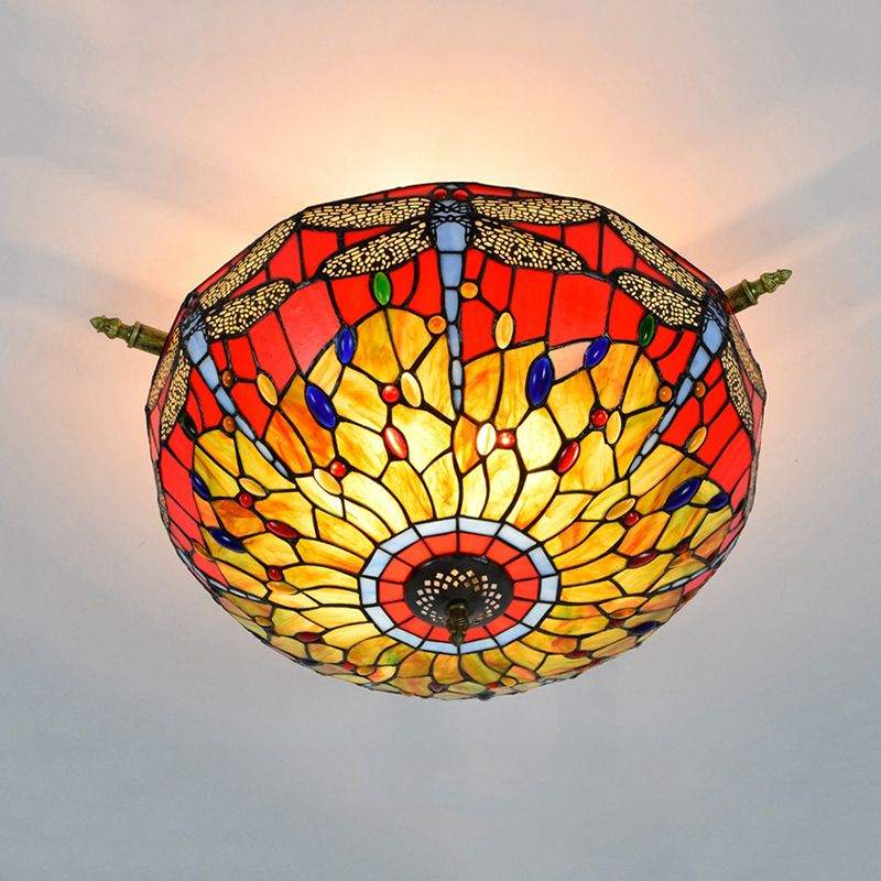5 lumières Lupte de libellule Éclairage de plafond Tiffany en laiton Semi-vitrail Mount Light, 21,5 "/25.5" W