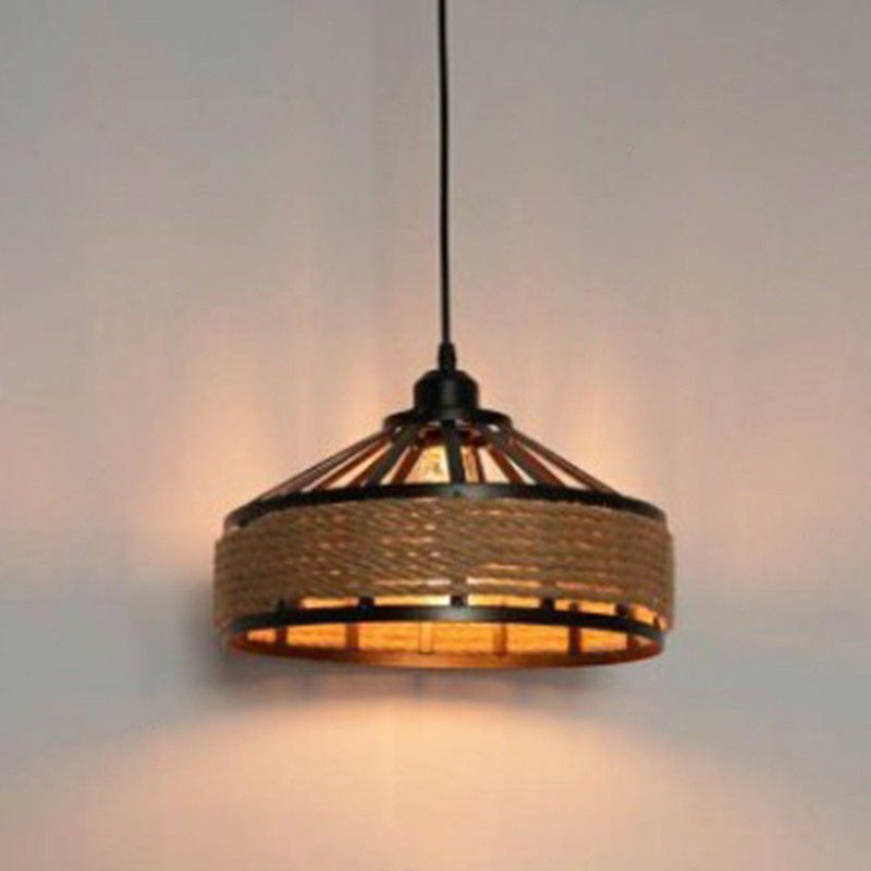 Retro Style Yurt Suspension Lighting 1 Head Hemp Rope Pendant Ceiling Light in Brown