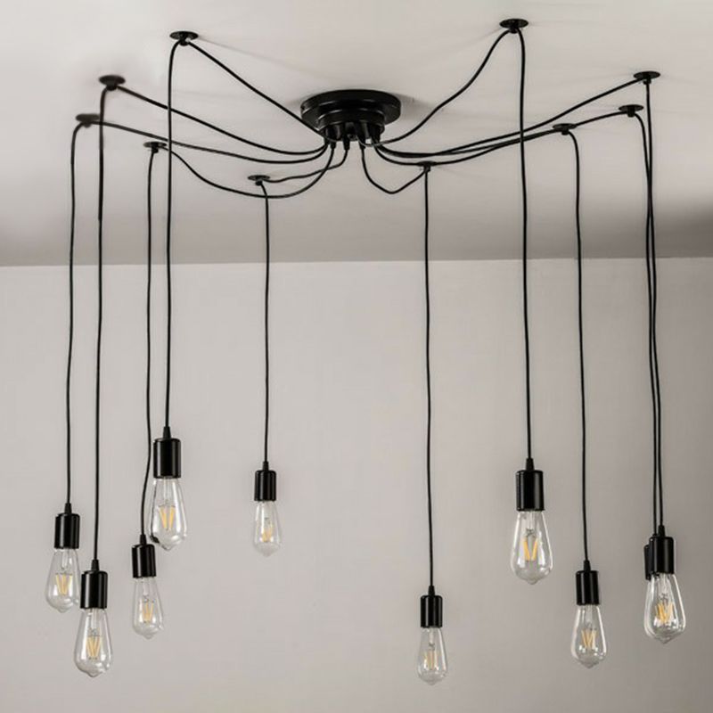 Black Naked Bulb Pendant Light Industrial Metal 10 Heads Garage Swag Hanging Lamp