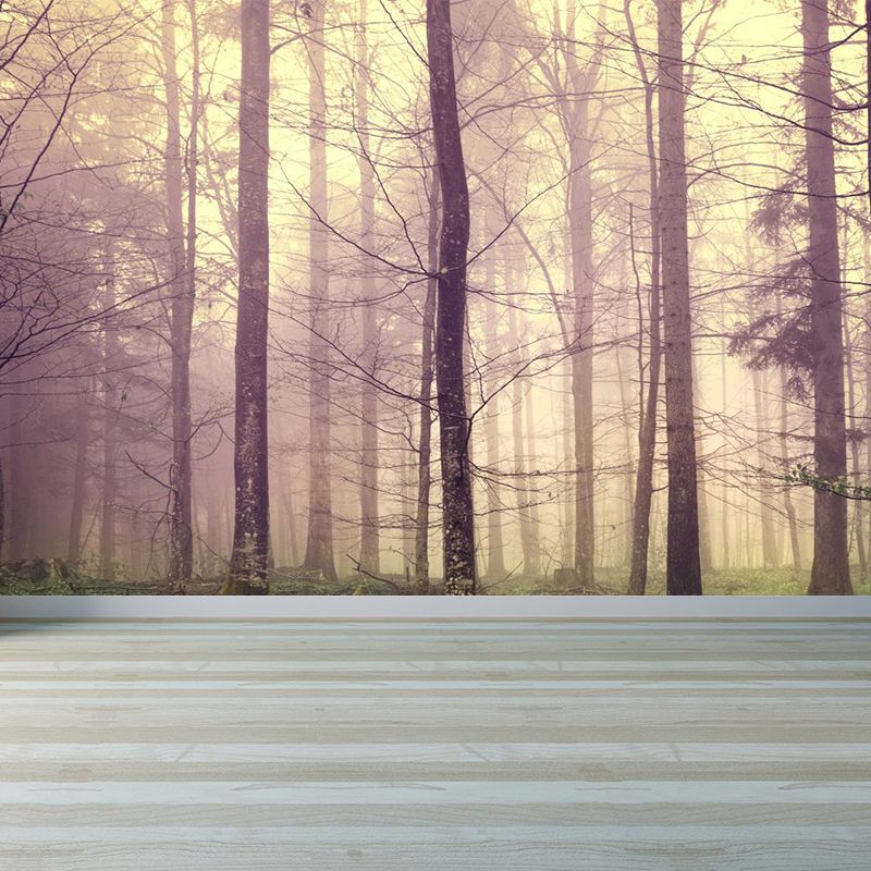 Big Foggy Forest Mural Decal Modern Mysterious Scenery Wall Covering in Pastel Color