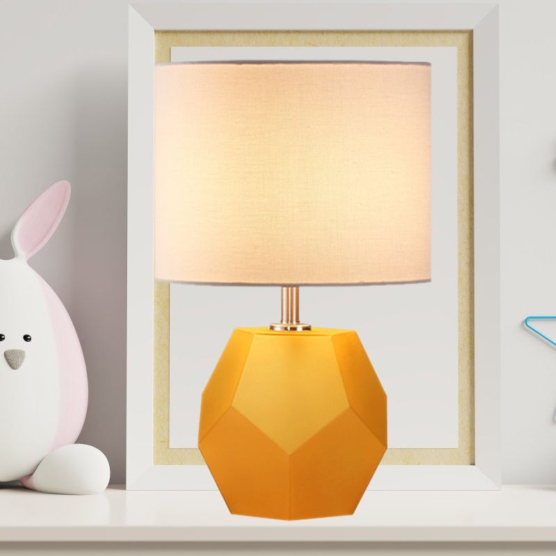 Single-Bulb 3D Hexagon Table Lamp Modern Grey/Pink/Yellow Glass Night Light with Drum Fabric Shade