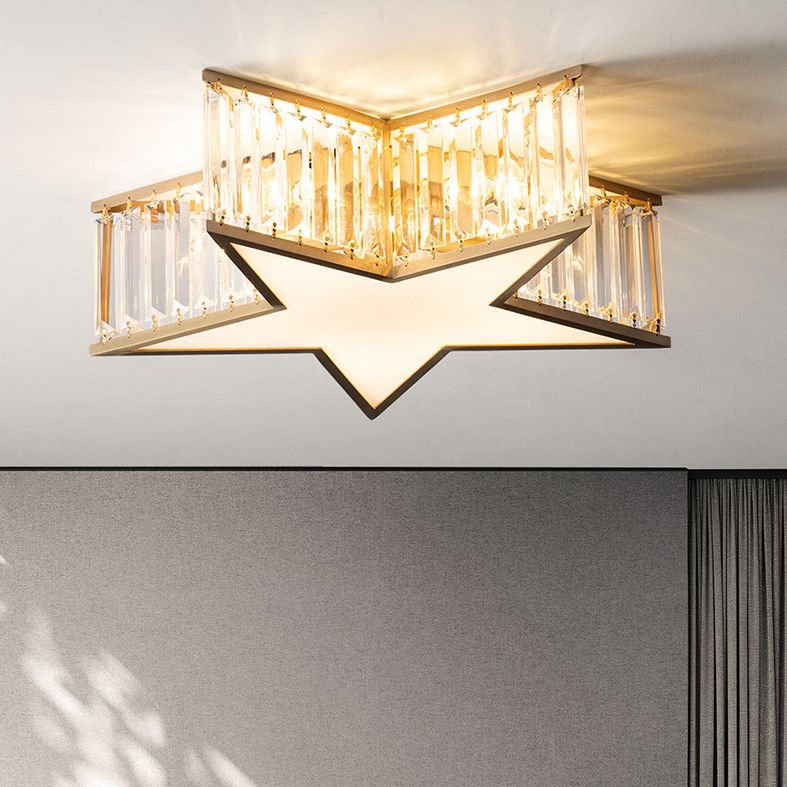 Plafonnier en forme d'étoile dorée, plafonnier à 5 lumières en cuivre de style créatif colonial avec abat-jour en cristal