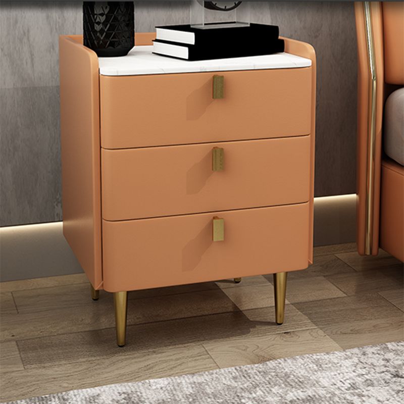 Faux Leather Nightstand Modern 3 - Drawer Nightstand with Stone Top