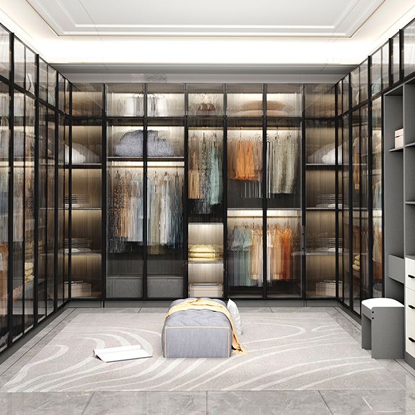 Glass and Wood Wardrobe Cabinet Modern Hinged Wardrobe Armoire