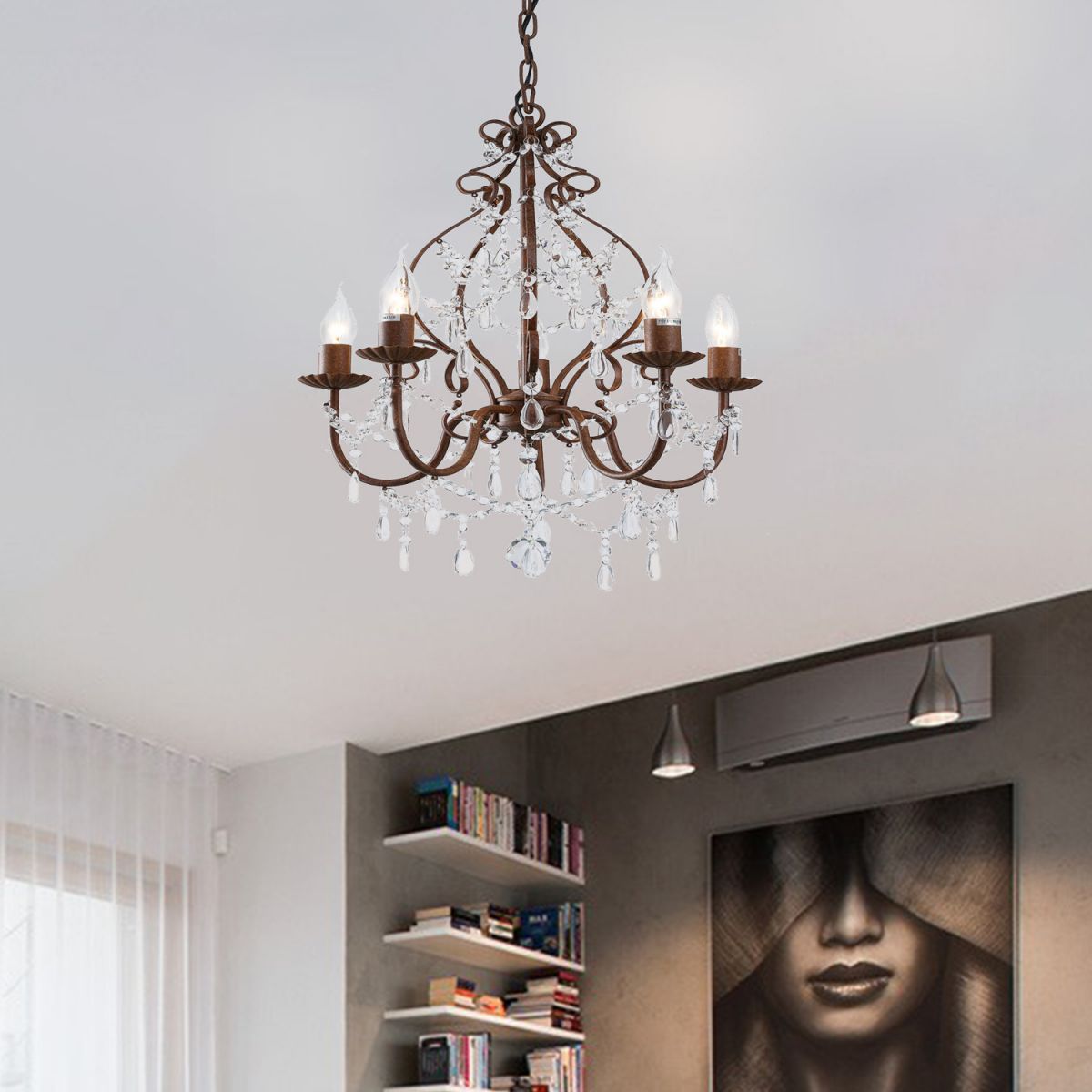 Suspension de bougie de style antique avec brin à cristal clair 5 lumières lustre lumière dans la rouille foncée pour le foyer