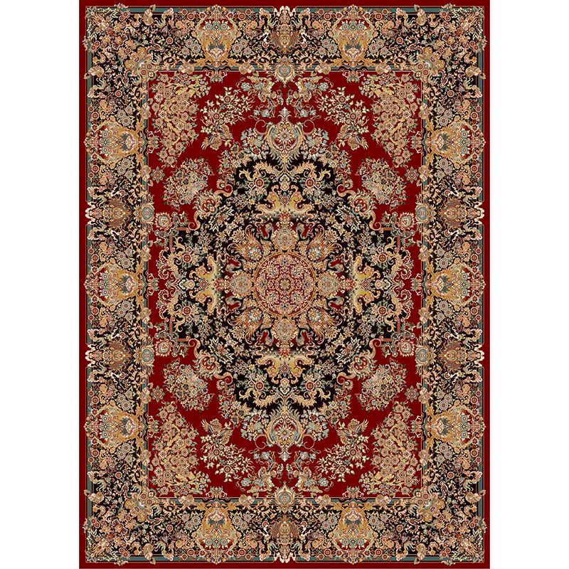 Tono rojo alfombra tradicional poliéster círculos concéntricos alfombra alfombra de cuidado fácil para sala de estar