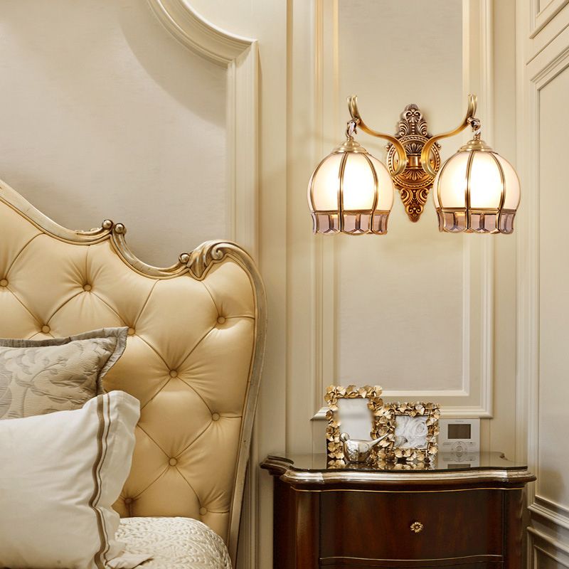 Globe Cream Glass Wall Light Fixture Vintage Living Room Wall Mounted Lamp in Gold