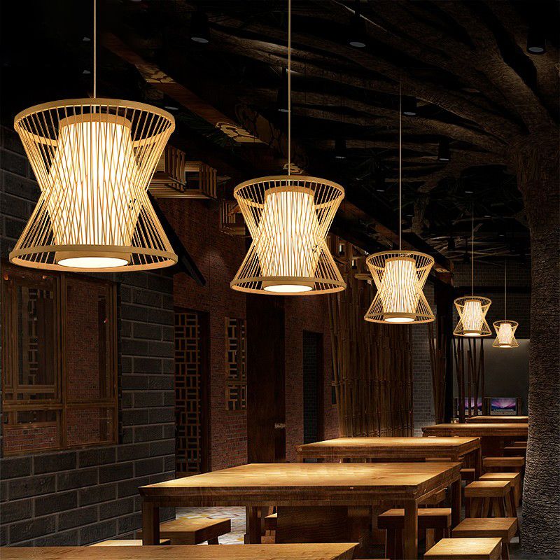 Symmetric Cage Pendant Lighting Nordic Bamboo 1 Bulb Beige Pendulum Light for Restaurant