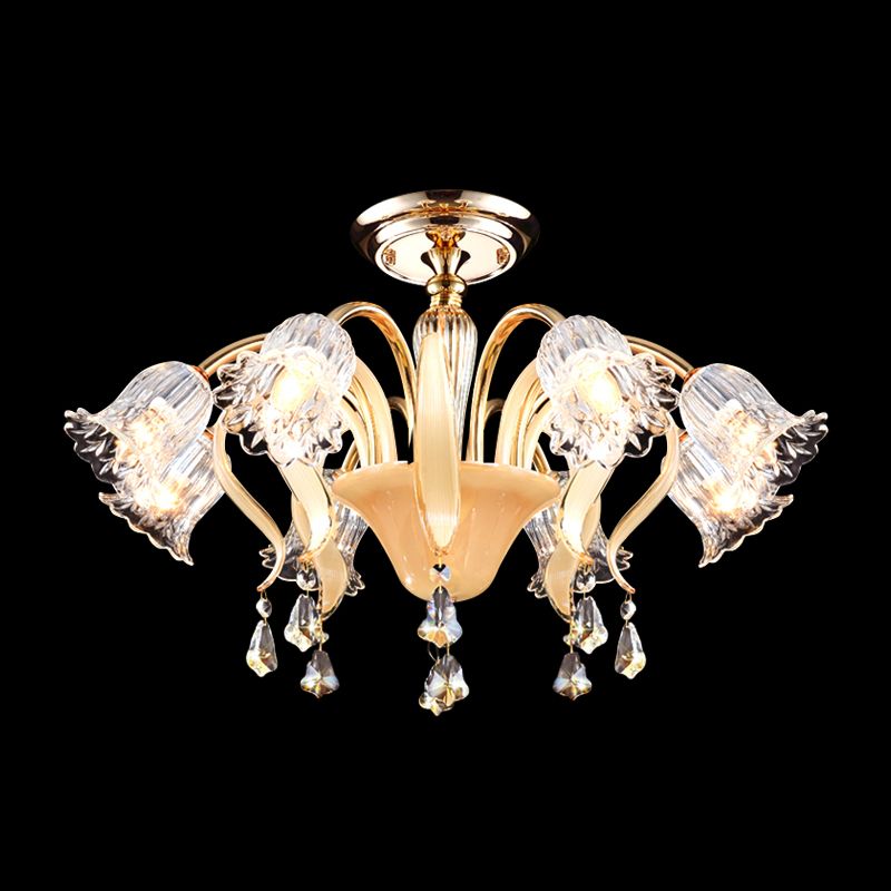 Flower Bedroom Semi Flush Mount Contemporary Crystal 8 Heads Gold Close to Ceiling Lamp