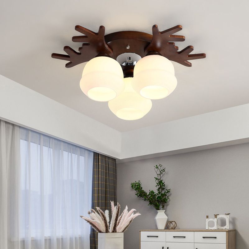 Antler Bedroom Flush Light Wood Nordic Style Flush Ceiling Light Fixture with White Glass Shade