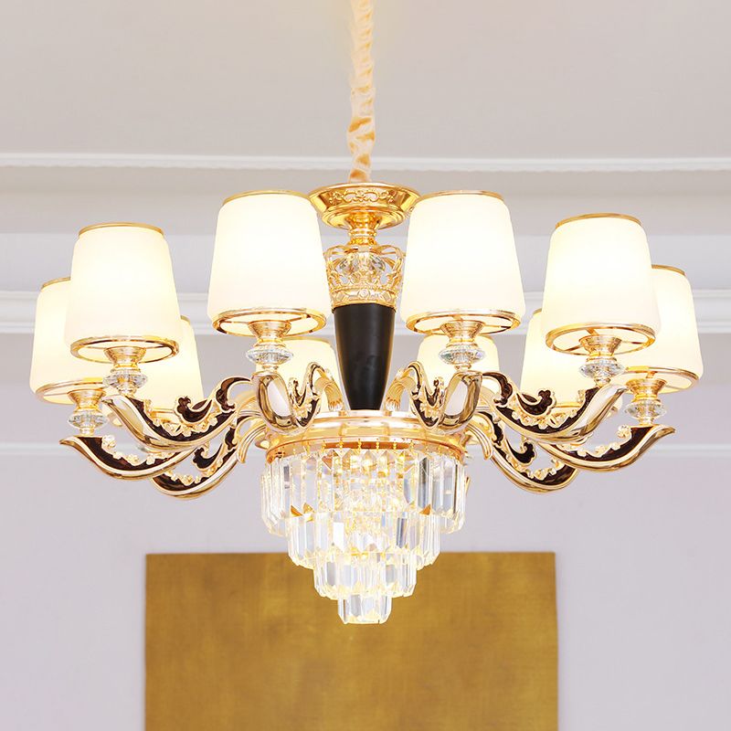 White Glass Tapered Ceiling Lighting Traditional Living Room Chandelier Light with Layered Crystal Decor