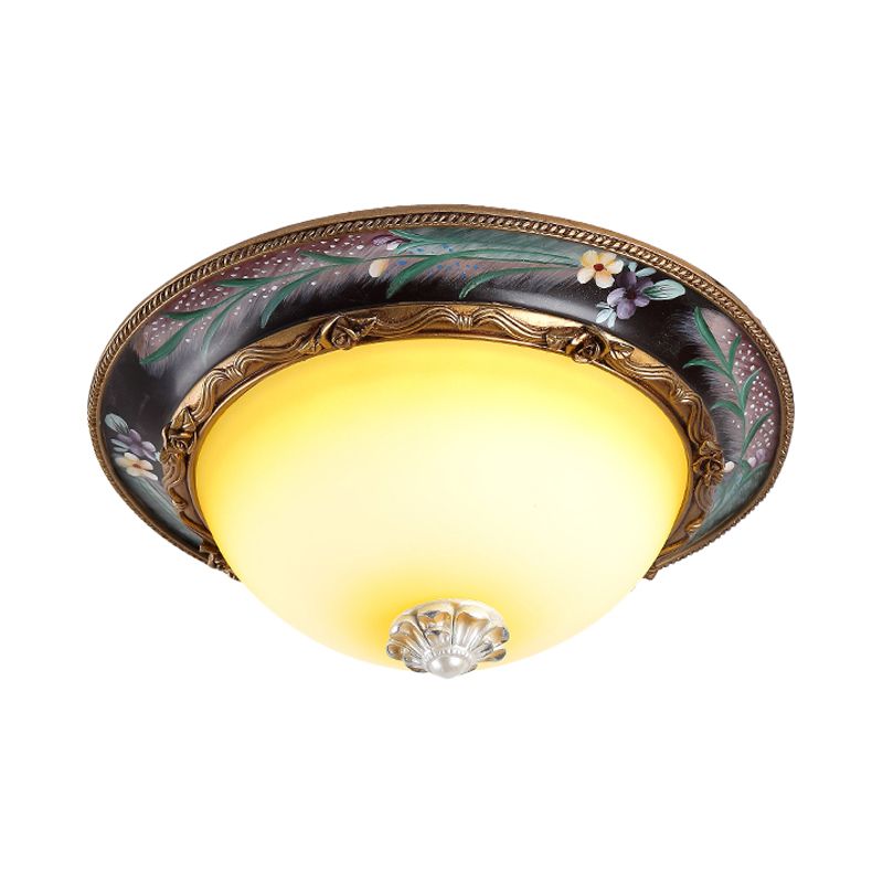 Brass Domed Flush Lighting Antiqued Yellow Glass 12"/16" Wide LED Bedroom Flush Mount Fixture
