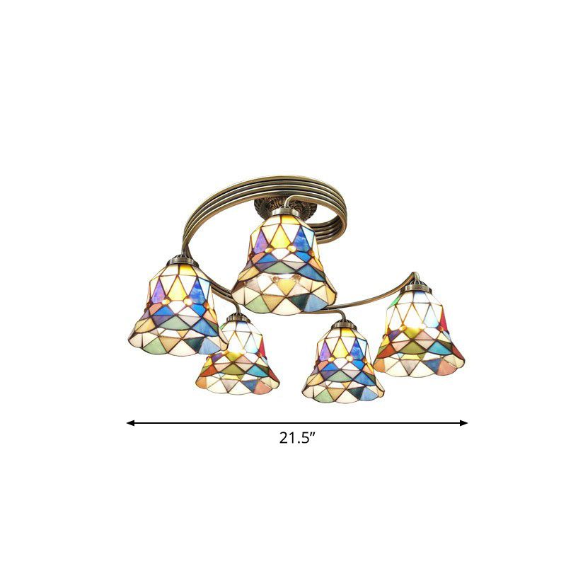 Mediterranean Spiral Ceiling Light Metal Semi Flush Mount Light with Stained Glass Shade