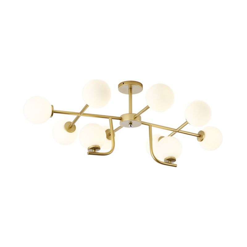 Gold Round Semi Flush Light Modernist 10 Bulbos de vidrio blanco cerca de la iluminación del techo