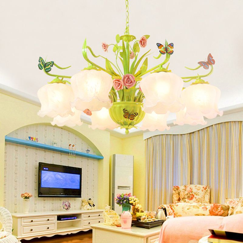 Countryside Flower suspendu Pendant 8 têtes Opal Verre lustre Lighting Fixture en vert pour le salon