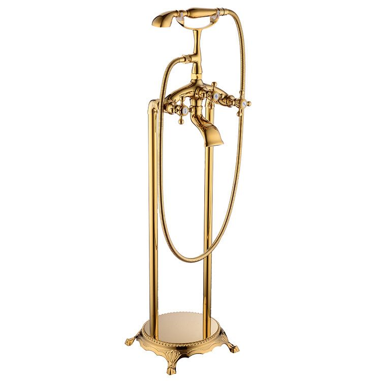 Floor Mounted Tub Spout 3 Handles Traditional Freestanding Tub Filler in Gold