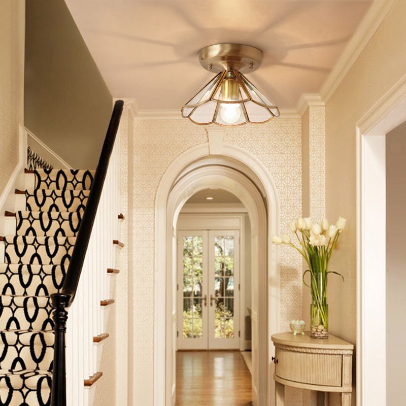 Lámpara de montaje en techo de vidrio, lámpara montada en techo de pasillo festoneado dorado minimalista