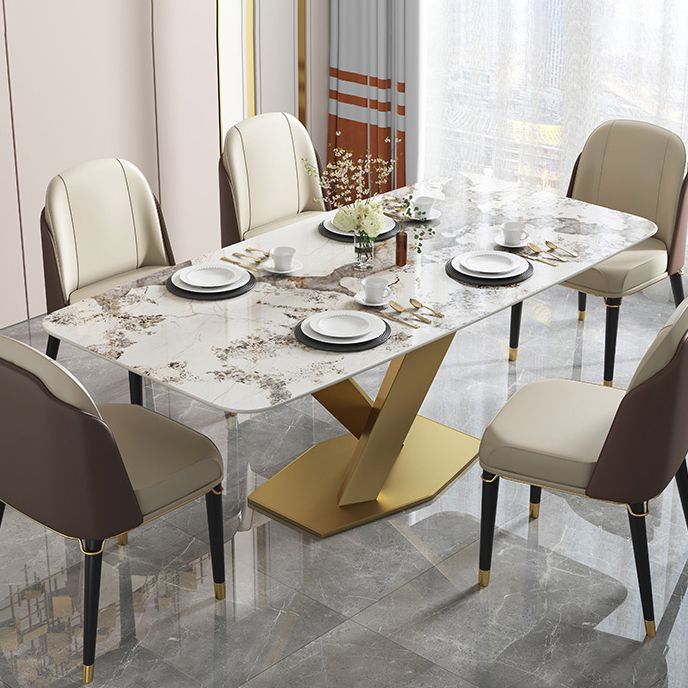 Metal Traditional Luxury Rectangular Dining Table Sintered Stone Table with Pedestal