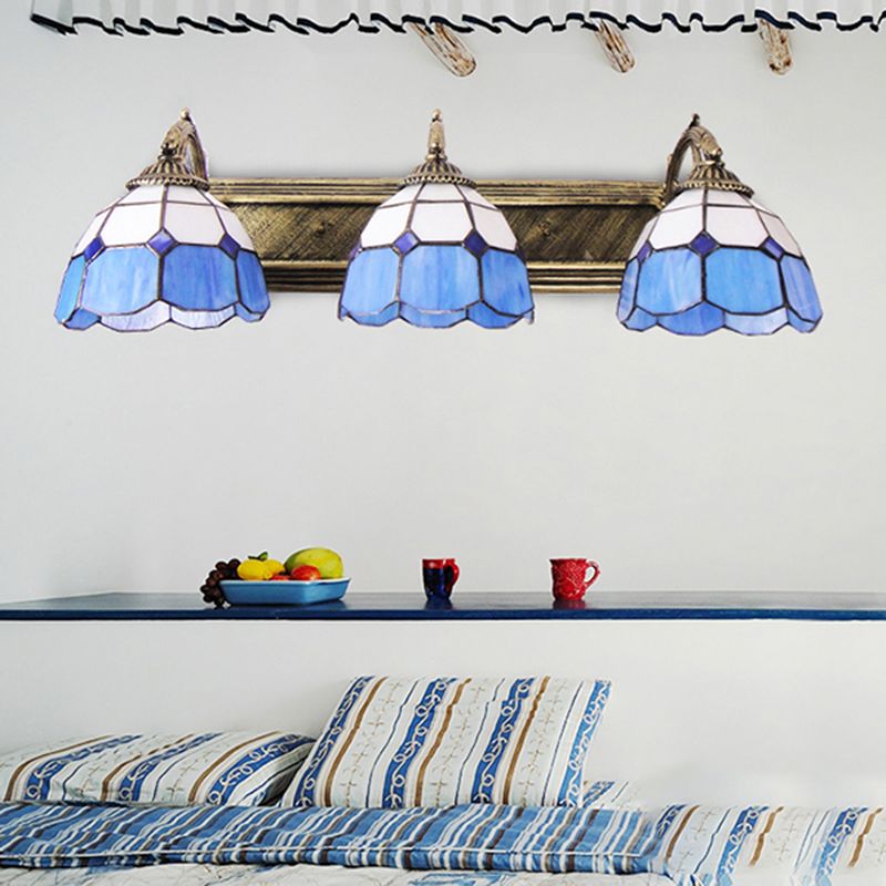 Mediterranean Dome Vanity Lighting Stained Glass 3 Lights Wall Sconce Light in Aged Brass