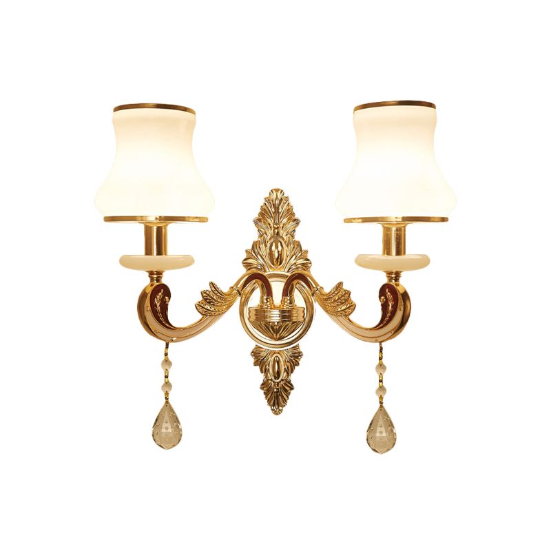 2 Heads Wall Sconce Vintage Bedroom Wall Mount Lamp with Curved Milk Glass Lampshade in Gold