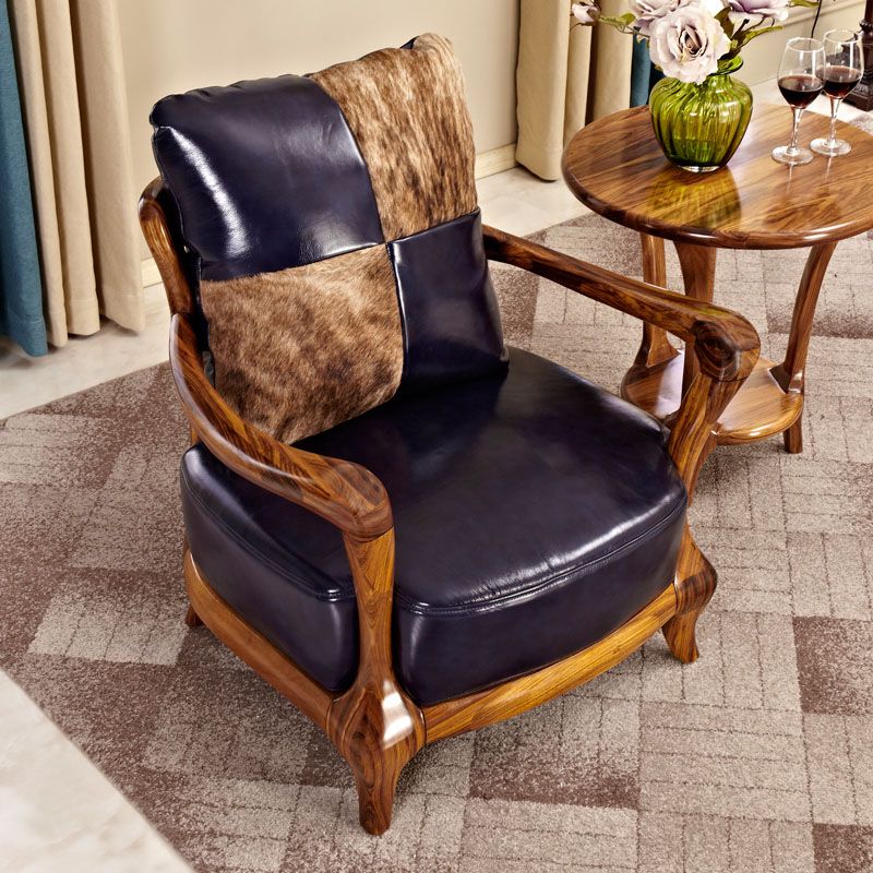 Solid Wood Frame Dining Arm Chair Leather Upholstered Arm Chair
