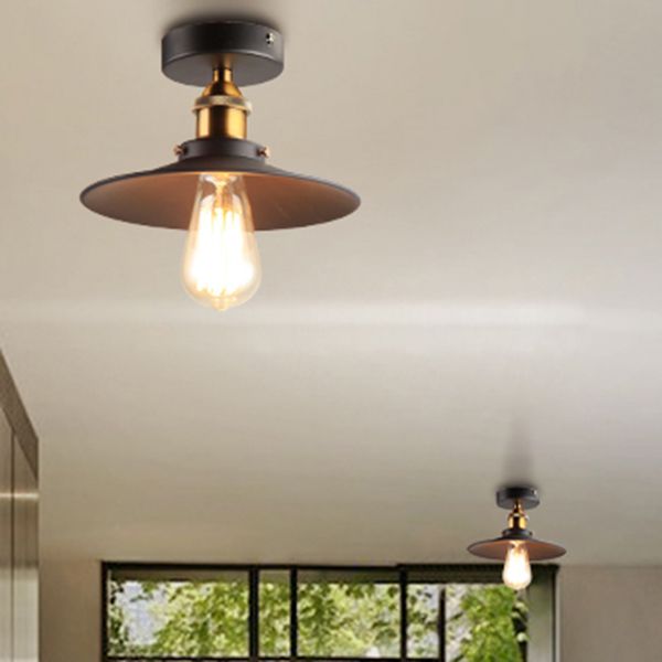 1 Light Round Shade Semi Flush Mount Light Industrial Iron Ceiling Lamp