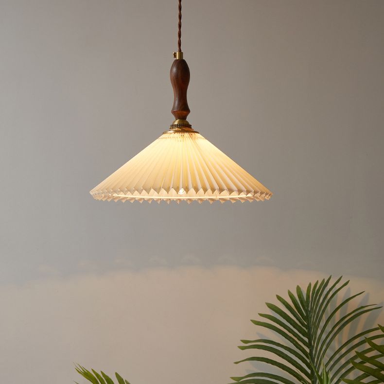 Pleated Fabric Conical Pendant Lamp Minimalist 1-Light Beige Hanging Light for Dining Room