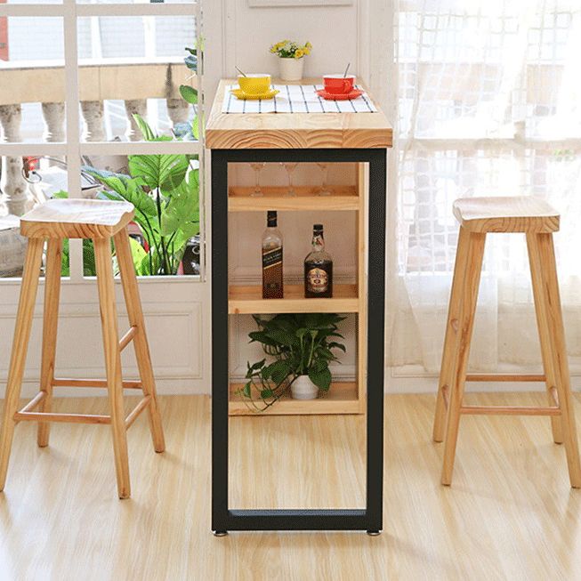 Industrial Indoor Bar/Dinette Table with Storage Rectangle Natural Bar Stool Table