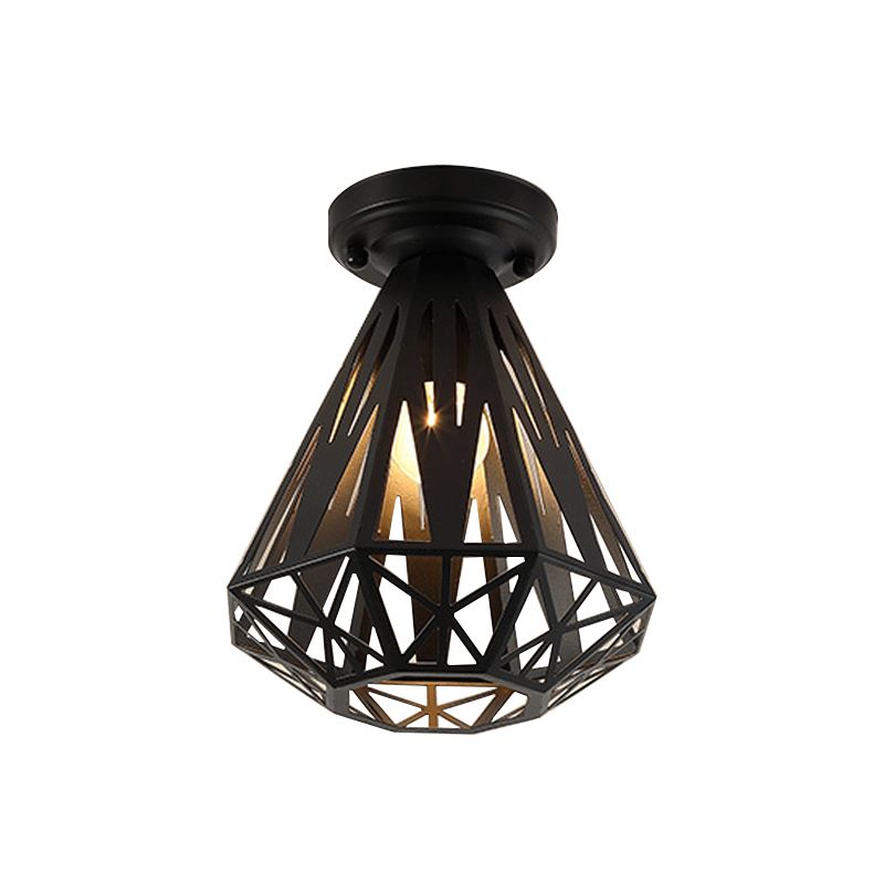 1-Light Flush Mount Ceiling Light Fixture Simple Small Diamond Cage Iron Flushmount in Black/White