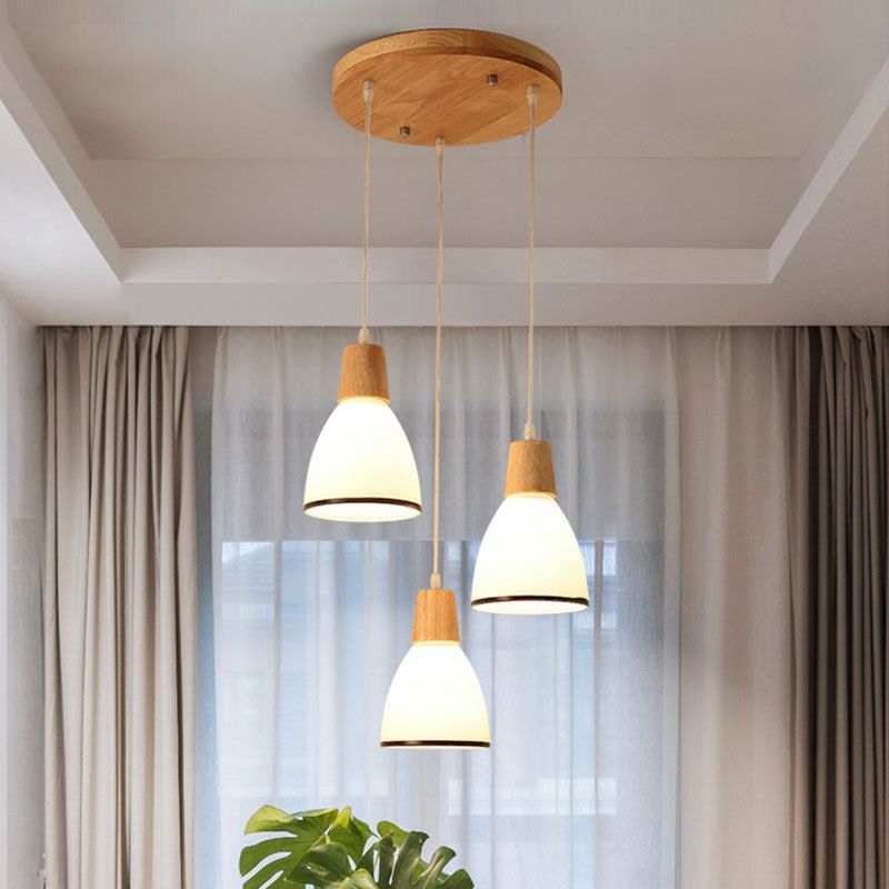 Nordic 3 Lights Pendant Wood Geometric Hanging Light Fixture with White Glass Shade
